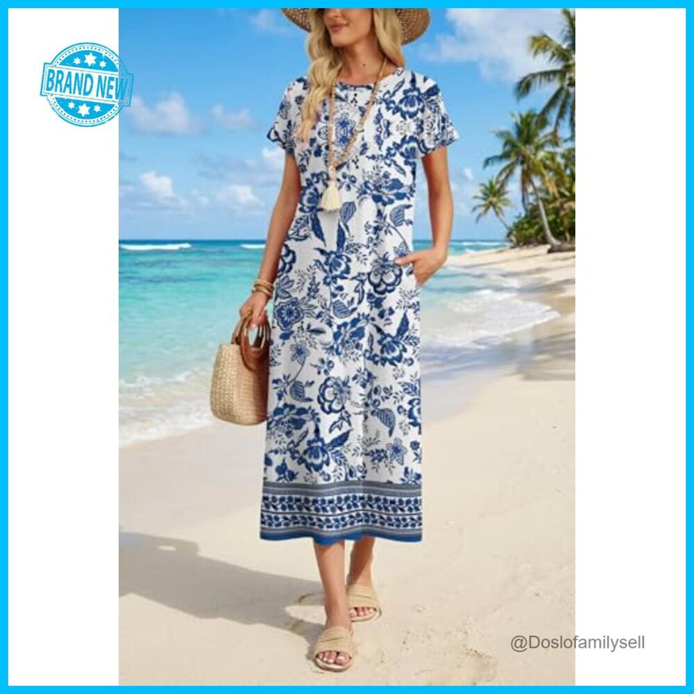 Casual Maxi Dress Short Sleeve T-Shirt Style with Pockets Travel Outfit - Picture 3 of 7